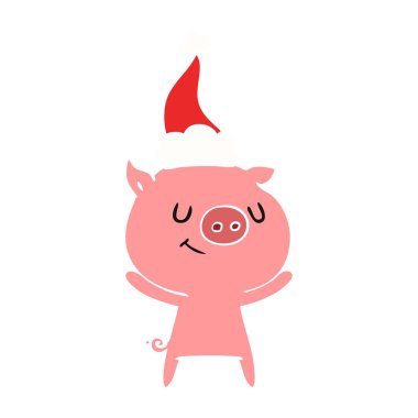 Noel Baba şapkası giyen bir domuz mutlu düz renkli çizimi