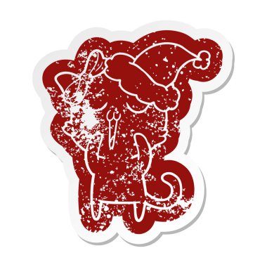 Noel Baba şapkası giyen bir kedi çizgi film sıkıntılı etiket