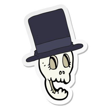 etiket silindir şapka giyen bir karikatür kafatası