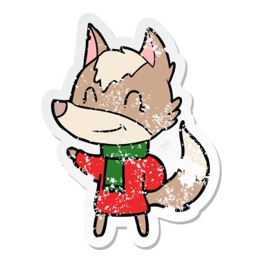 kış giysileri içinde bir dostu karikatür kurt sıkıntılı etiket