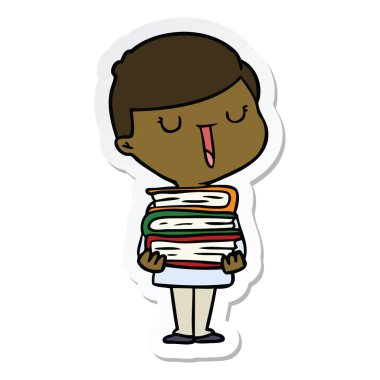kitap yığını ile bir karikatür mutlu çocuk etiket
