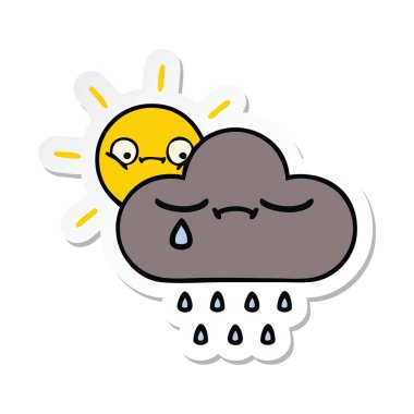 etiket bir sevimli çizgi fırtına bulutu ve güneş