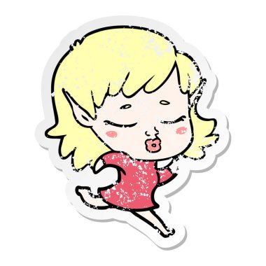 çalışan bir güzel karikatür elf kızın sıkıntılı etiket