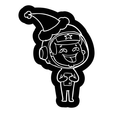 Noel Baba şapkası giyen gülünecek bir astronotun çizgi film simgesi