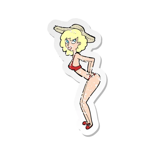 Retro angosciato adesivo di un cartone animato pin-up spiaggia ragazza — Vettoriale Stock