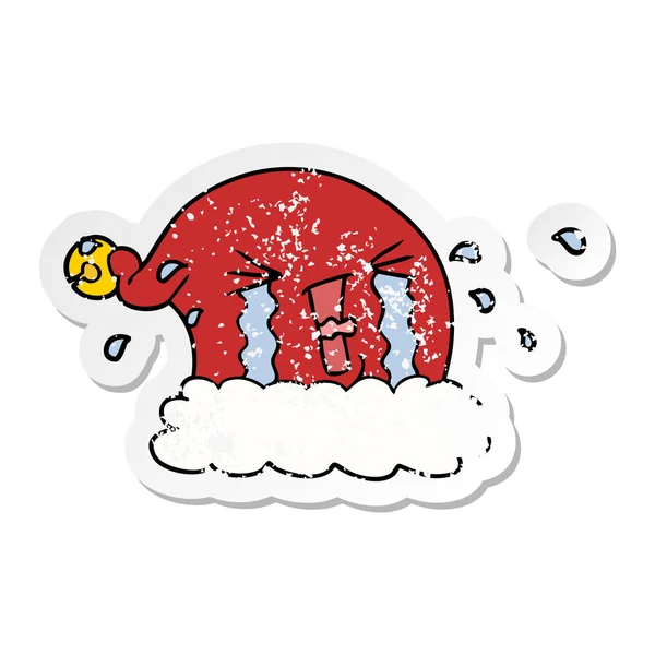 Nödställda klistermärke av en tecknad jul hatt gråt — Stock vektor