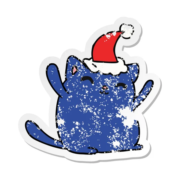 Christmas distressed sticker cartoon von kawaii cat — Stockvektor