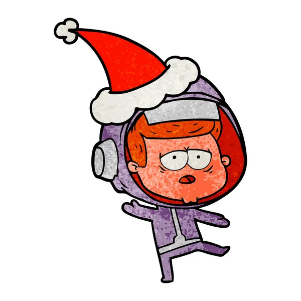 Disegnato Mano Cartoni Animati Astronauta Stanco Indossa Cappello Babbo Natale — Vettoriale Stock