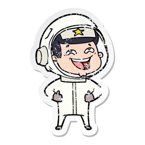 Verontruste sticker van een cartoon lachen astronaut — Stockvector