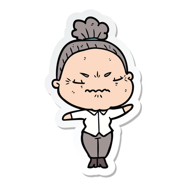 Sticker of a cartoon annoyed old lady — Stock Vector