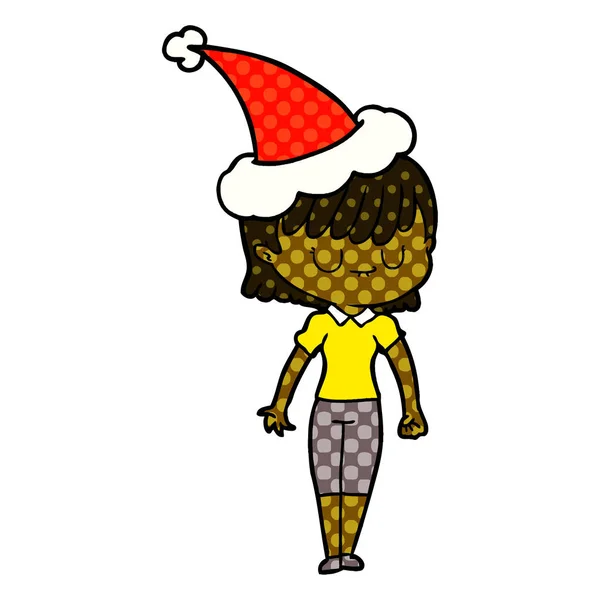 漫画书风格的插图, 一个女人戴着圣诞老人的帽子 — 图库矢量图片