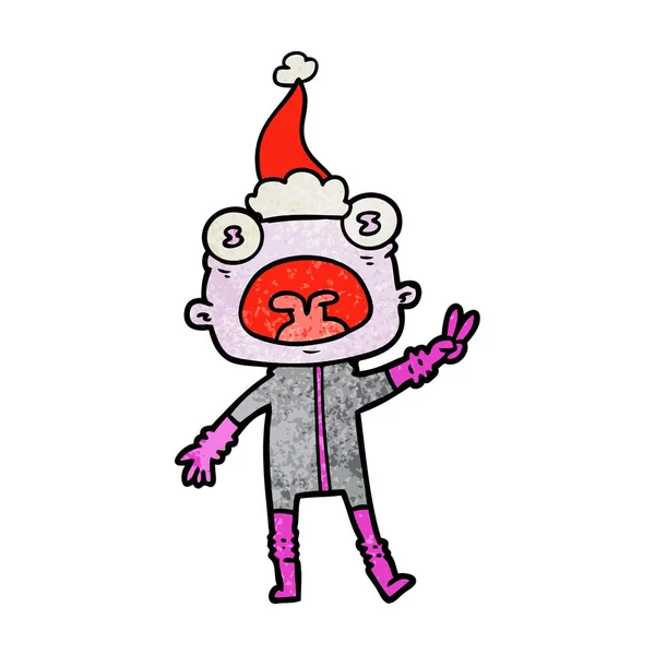 Texturierte Karikatur eines seltsamen Außerirdischen, der mit Weihnachtsmütze winkt — Stockvektor