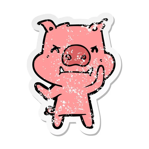 Stiker tertekan dari babi kartun marah - Stok Vektor