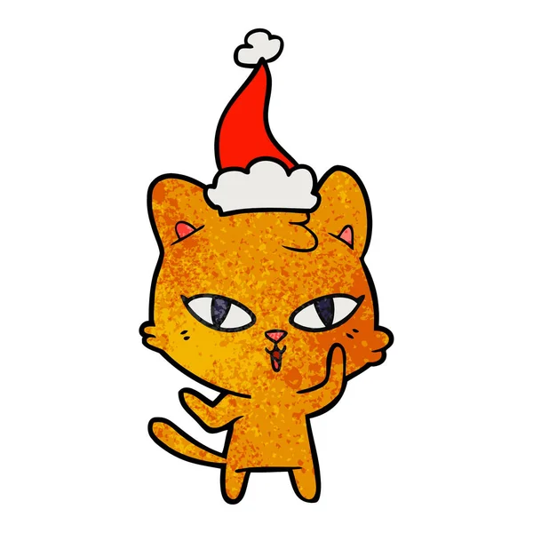 手绘的有纹理的卡通猫戴圣诞老人的帽子 — 图库矢量图片