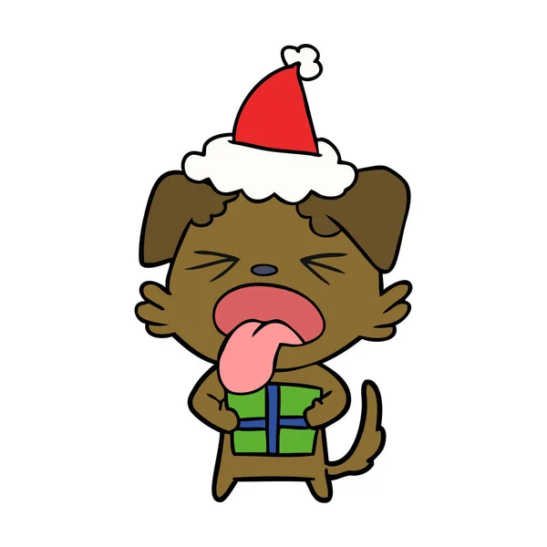 Línea de dibujo de un perro con regalo de Navidad con sombrero de santa — Vector de stock