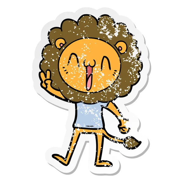 Distressed Sticker Happy Cartoon Lion — Stock Vector