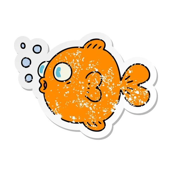 Adesivo angosciato di un pesce cartone animato disegnato a mano eccentrico — Vettoriale Stock