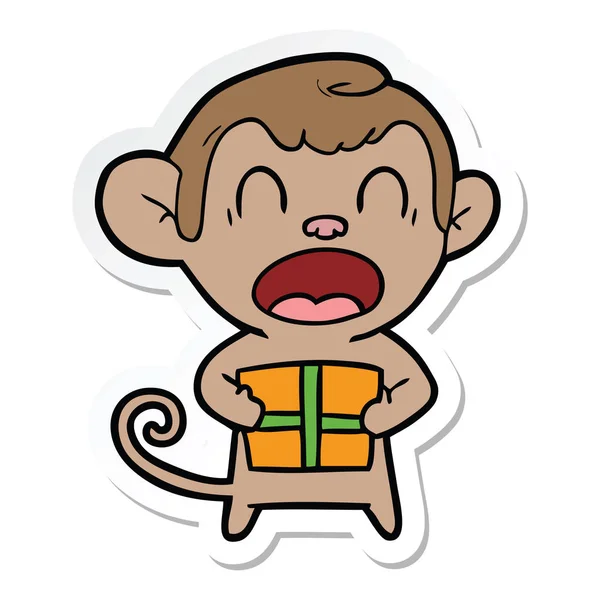 Sticker of a shouting cartoon monkey carrying christmas gift — Stock Vector