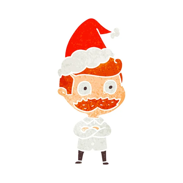 Dibujos animados retro de un hombre con bigote sorprendido usando sombrero de santa — Vector de stock
