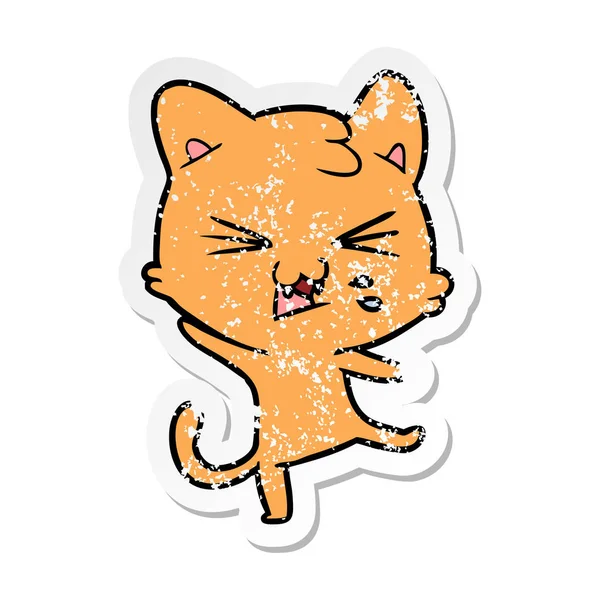 Verontruste sticker van een cartoon kat sissende — Stockvector