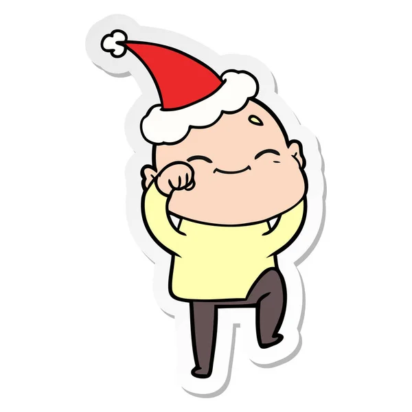 Glückliche Handgezeichnete Sticker Karikatur Eines Glatzköpfigen Mannes Mit Weihnachtsmütze — Stockvektor
