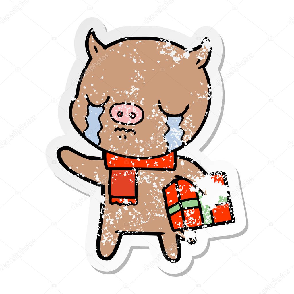 distressed sticker of a cartoon pig crying over christmas presen