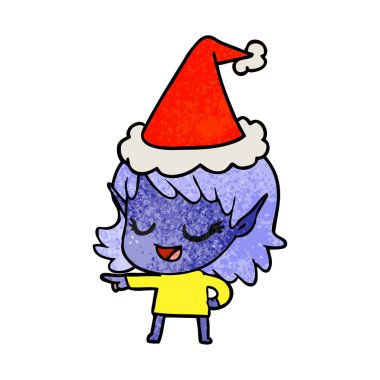 giyen Noel Baba şapkası işaret eden bir elf kızın mutlu dokulu çizgi film