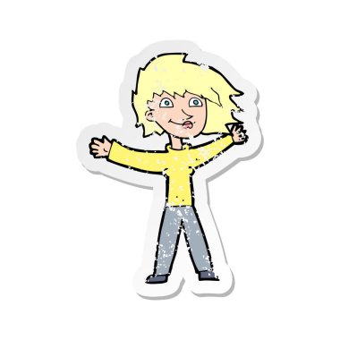 bir karikatür Retro sıkıntılı etiket sallayarak kadın heyecanlı