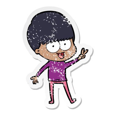 sıkıntılı etiket sallayarak bir mutlu çizgi film çocuk