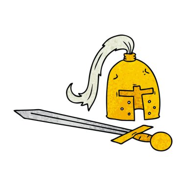 dokulu karikatür doodle bir ortaçağ kask ve kılıç