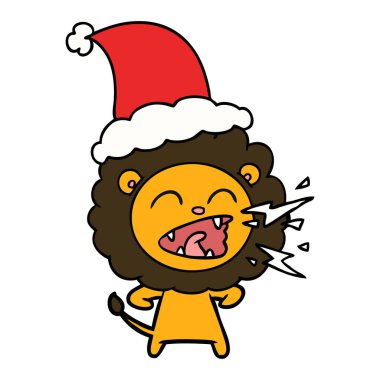 çizim için Noel Baba şapkası giyen kükreyen aslan el çekilmiş