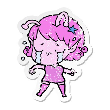 bir çizgi film ağlayan uzaylı kızın sıkıntılı etiket