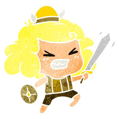kawaii viking çocuğun serbest el çekilmiş retro çizgi film