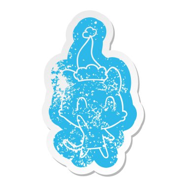 Noel Baba şapkası giyen bir mutlu kedi ilginç karikatür sıkıntılı etiket