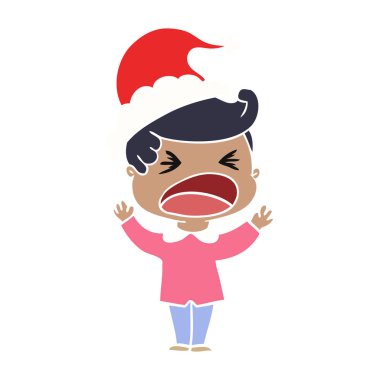 Noel Baba şapkası giyen bir bağıran adam düz renkli çizimi