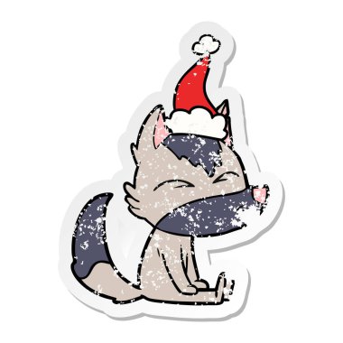 bir kurt ıslık santa şapka sıkıntılı etiket karikatür el çekilmiş