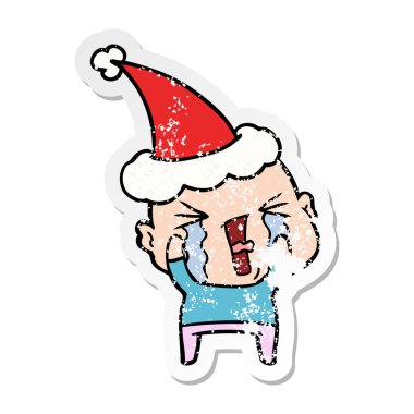 ağlayan bir kel adam Noel Baba ha giyen sıkıntılı etiket karikatür