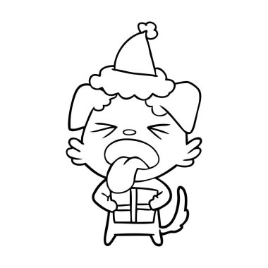 Noel hediyesi giyen Noel Baba şapkası bir köpek çizim için