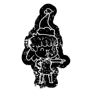 Noel Baba şapkası giyen bir mutlu kız çizgi film sıkıntılı simgesi