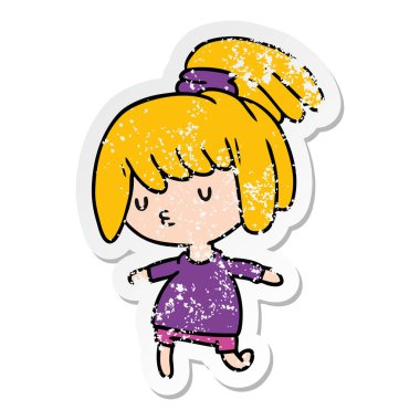 bir şirin kawaii kızın sıkıntılı etiket çizgi film