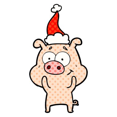 Noel Baba şapkası giyen bir domuz mutlu çizgi roman tarzı gösteren resim