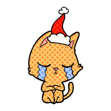 çizgi roman tarzı illüstrasyon giyen sa oturan bir kedi ağlıyor