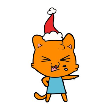 çizgi çizme giyen Noel Baba şapkası tıslama bir kedi el çekilmiş