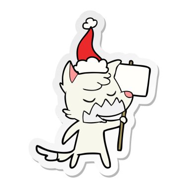 kolay etiket karikatür Noel Baba şapkası giyen tilki