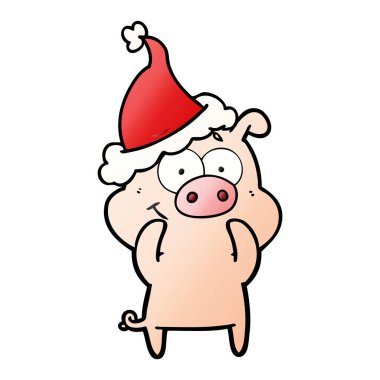 Noel Baba şapkası giyen bir domuz mutlu degrade çizgi film