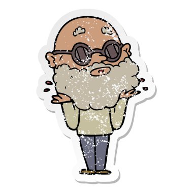 Sakal ve güneş gözlüğü ile bir çizgi film meraklı insanın sıkıntılı etiket