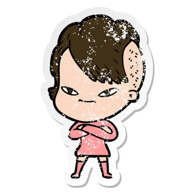 hippi saç kesimi ile sevimli çizgi kızın sıkıntılı etiket