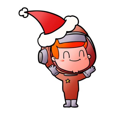 mutlu el Noel Baba şapkası giyen bir astronot adamın degrade çizgi film çekilmiş