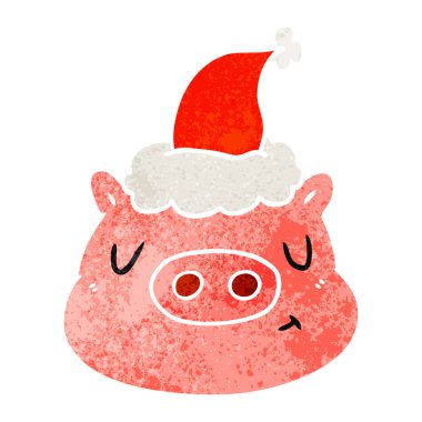 Noel Baba şapkası giyen bir domuz yüz Retro çizgi film