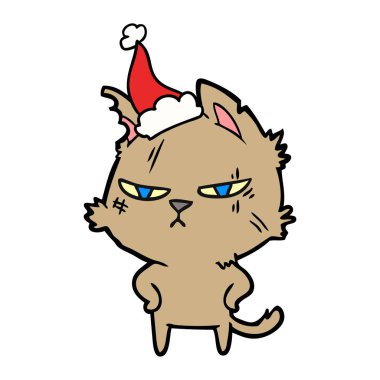 çizim için Noel Baba şapkası giyen bir kedi sert el çekilmiş